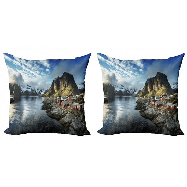 Multicolor Mountain Designs Norway Fiords Mountain Sea Landscape Throw Pillow 16x16 